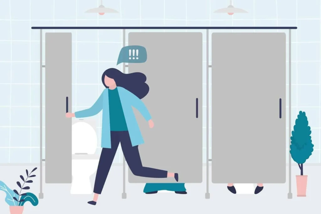 graphic of Urine incontinence West Acton woman running to the toilet.