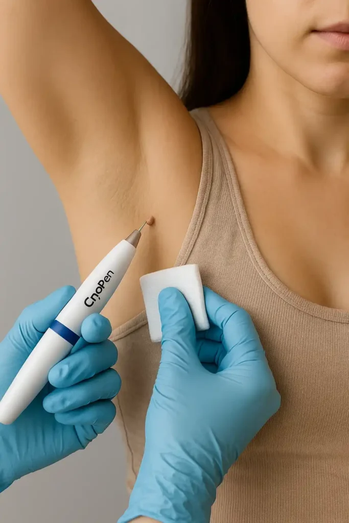 woman having cryopen to remove underarm skin tags West Acton